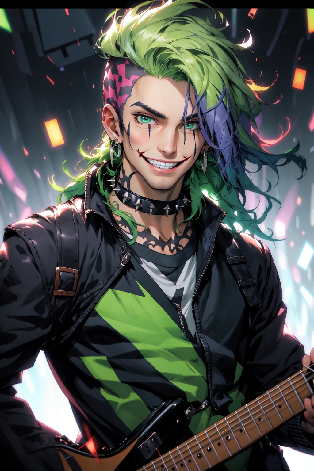Niji Slime, 1boy, black jacket, checkered clothes, choker, collar, earrings, electric guitar, facial mark, green eyes, green hair, grin, guitar, holding, holding instrument, instrument, jacket, jewelry, letterboxed, long hair, looking at viewer, male focus, open clothes, open jacket, playing instrument, scar, scar across eye, scar on face, shirt, smile, solo, spiked collar, spikes, studded collar, tattoo, teeth, upper body