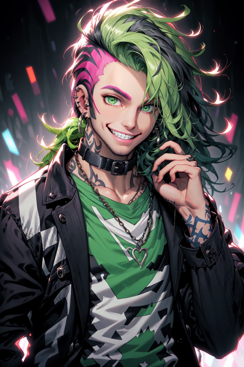Niji Slime, 1boy, black jacket, chain, checkered clothes, collar, ear piercing, earrings, green eyes, green hair, grin, hand up, jacket, jewelry, long hair, long sleeves, looking at viewer, male focus, messy hair, open clothes, piercing, pink shirt, shirt, smile, solo, tattoo, teeth, upper body