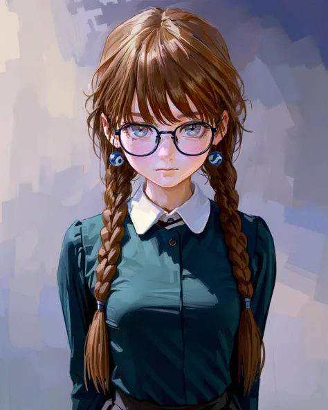 anime girl with long hair and glasses in a green shirt