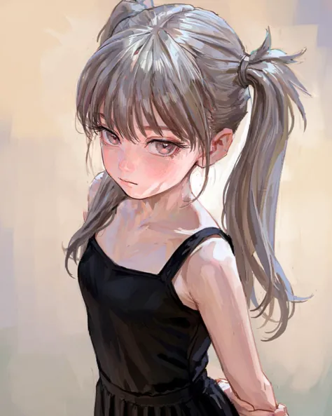 masterpiece,best quality,4K,8K,teenage,oil painting \(medium\),fkey70,
1girl,solo,arm behind back,arms at sides,looking at viewer,
standing,grey hair,
twintails,red eyes,
black sundress,
simple background,
upper body,