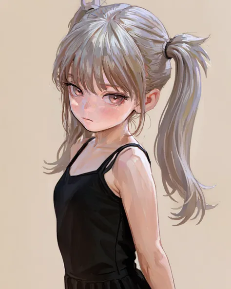 a drawing of a girl with a ponytail in a black dress