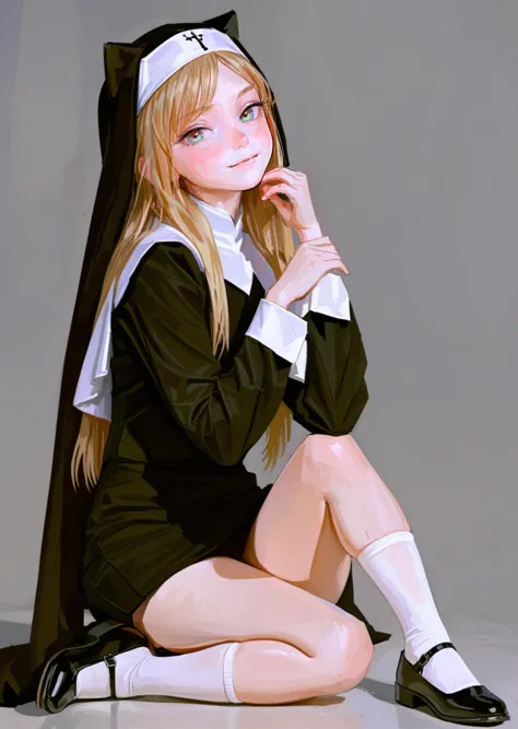 masterpiece,best quality,4K,8K,teenage,oil painting \(medium\),fkey70,
1girl,solo,hand on hip,looking_up,looking to the side,
sitting,
blonde hair,
green eyes,
nun,
white socks,black mary janes,
simple background,
full body,