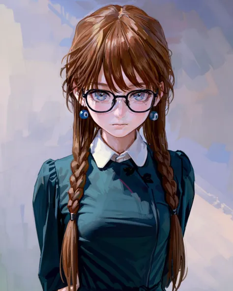 anime girl with long hair and glasses in a green dress