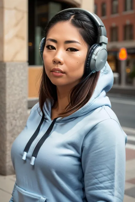 RAW photo, portrait, TigerrJuggs, woman close-up, shallow depth of field, perfect lighting , wearing solid hoodie, over-ear headphones 