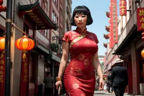 70mm Filmstill, TigerrJuggs trägt ein Cheongsam, Chinatown in San Francisco in den 1920er Jahren, femme fatale, Gangsterfilm unter der Regie von Martin Scorsese, draußen, perfekte Beleuchtung und Kameraführung 