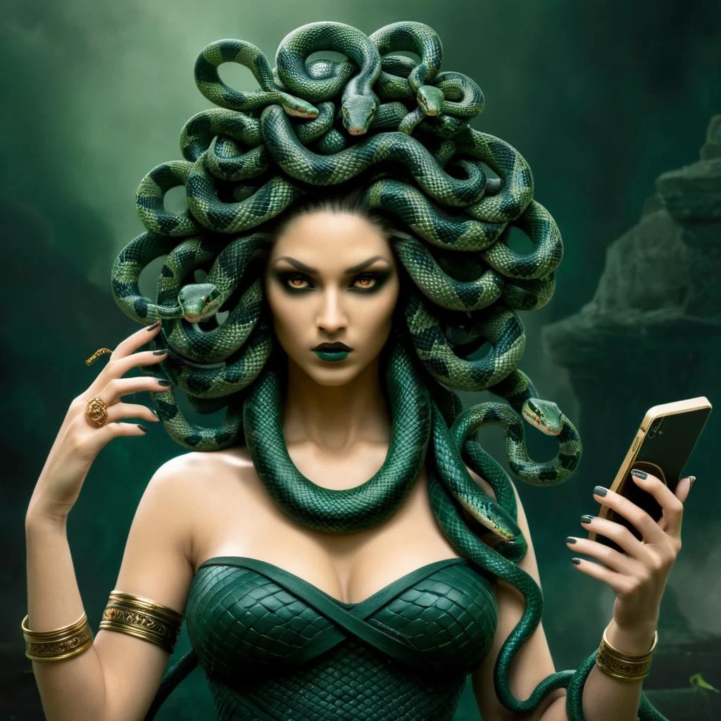 Dark Fantasy Art of  メデューサ a woman with snake dreads holding a cell phone In Greek mythology, メデューサ, ゴルゴとも呼ばれる,  髪の毛の代わりに生きた毒蛇を持つ人間の女性, 暗い, 不機嫌な, 暗い fantasy style