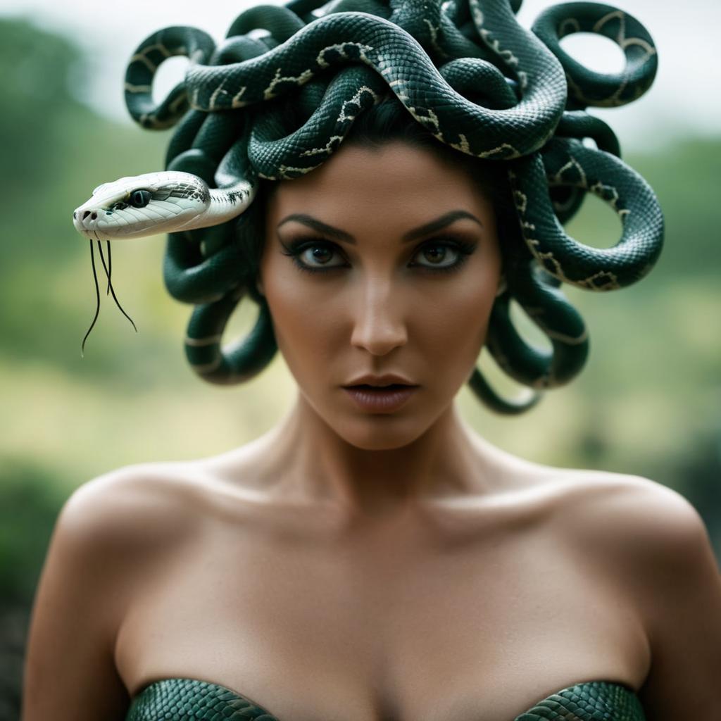 A woman with a snake head on her head and a snake on her head - SeaArt AI