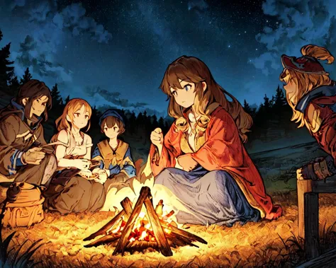 anime characters sitting around a campfire at night with a starr sky