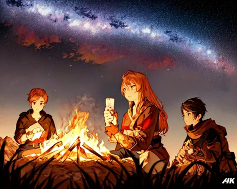 group of adventurers setting up a campfire under a stary night, 
(masterpiece),  best quality, highres, 4k, 8k, Detailed Illustration, intricate detail, cinematic lighting, amazing quality, 1girl, fit female, amazing shading, soft lighting, facing camera, perfect eyes