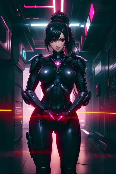 absurdres, [perfect shadows and lighting], detailed background, incredible high-key lighting, masterpiece, high quality, detailed, extremely detailed, 4K, 1girl, (mature woman:1.3), black_hair, eyeliner, long_hair, looking_at_viewer, ponytail, very_long_hair, smile, high contrast, cyberpunkbodysuit,
detailed background, cyberpunk, futuristic
 <lora:EyesGen:0.5> eyesgen, (red_eye:1.1), smile, smug
 <lora:Cyberspace_background_composer:0.8> neon lights, colorful, glowing, scenery, indoors, science fiction
 <lora:add_detail:0.8> add_detail:1