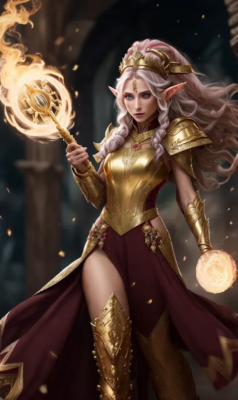 a woman in a gold outfit holding a fire ball