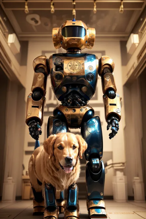 ((best quality)), ((masterpiece)), ((realistic)), (detailed), mshn (humanoid robot), playing with a golden retriever dog, CGI, R...