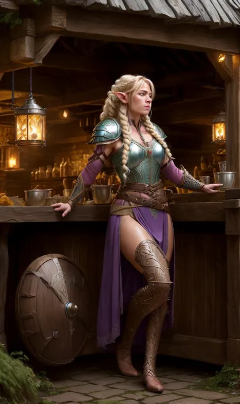 (Wood Elf Barbarian:1.2),medieval tavern,Titanium brilliant Lilac armor,Blonde milkmaid braid,haute_couture,hc_gown,war_glam,fig...