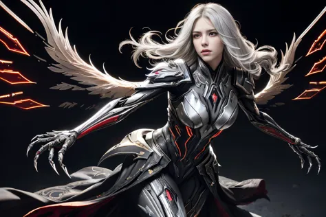 VeronicaCipher, WARFRAME, intricate pattern, energy lines,red glowing eyes, long silver hair, wind blown hair, elegant, intense,...