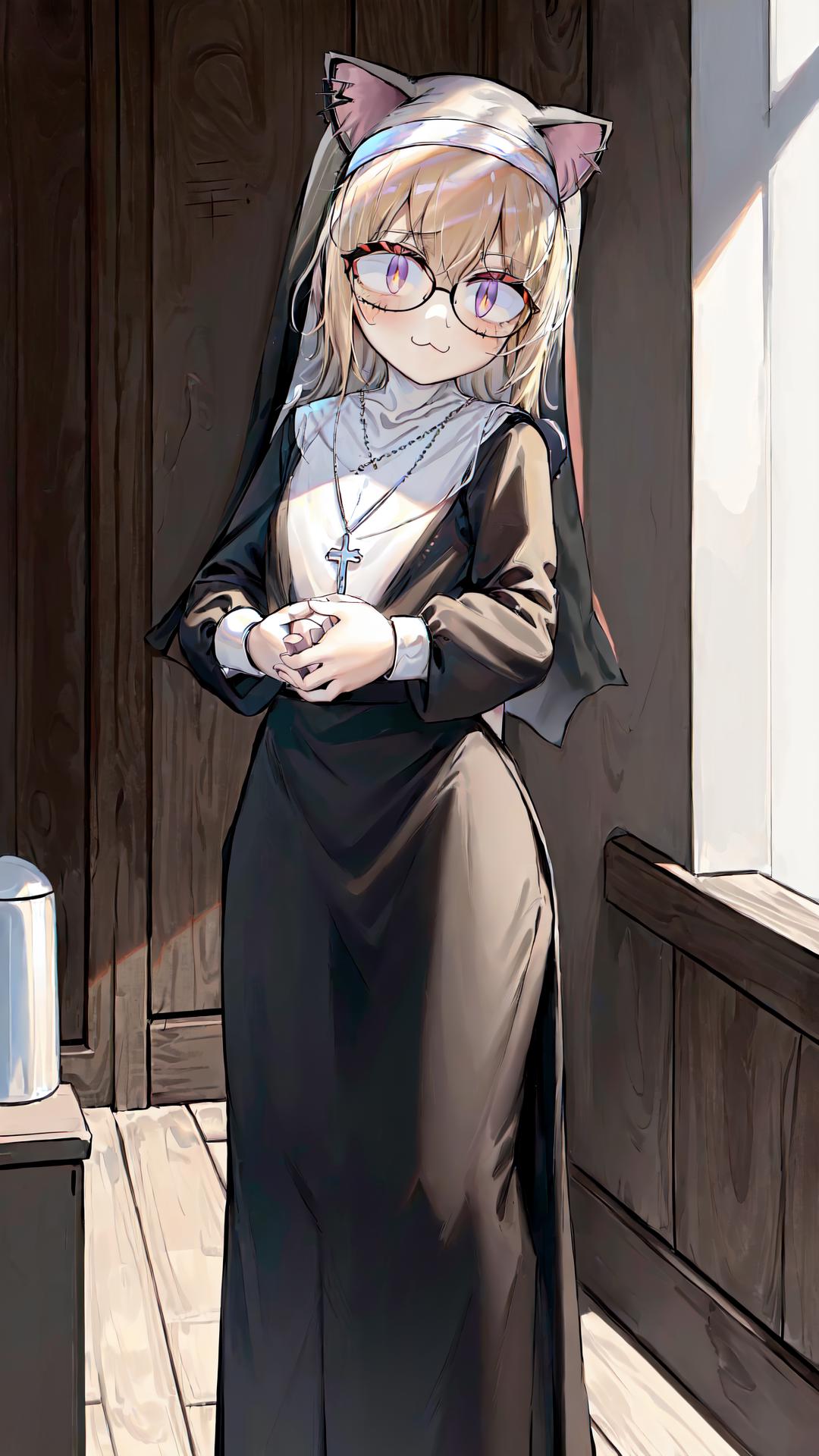 Anime girl in a nun outfit holding a cat ear and a cell phone - SeaArt AI