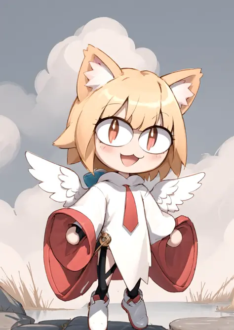 masterpiece, best quality, 	 neco-arc, animal ears, cat ears, blonde hair, slit pupils, :3, bangs, chibi, antenna hair, short hair, cat girl, :d, Beautiful Art Style, 1girl, young woman, playful, lake,  bibliangels, too many eyes, no humans