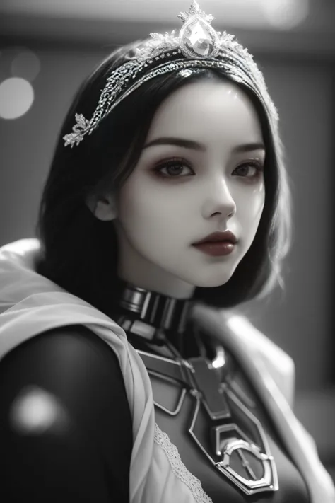 black and white dreamy young beautiful female artificial intelligence with a techno crown, cinematic, rim light, bokeh, photo - realistic, elegant, high detail, 8 k, masterpiece, photo taken in 1 9 3 0  Æ1. 8