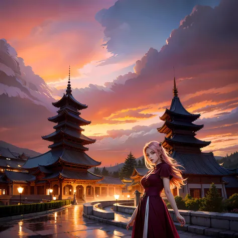 a woman in a red dress standing in front of a pagoda