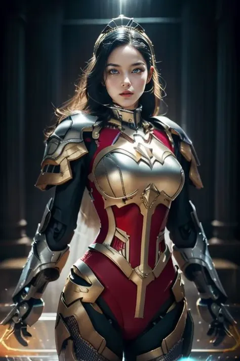 a woman in armor standing in a dark room