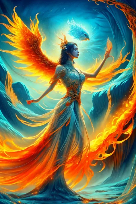 a woman with fire wings and a flowing dress in the air