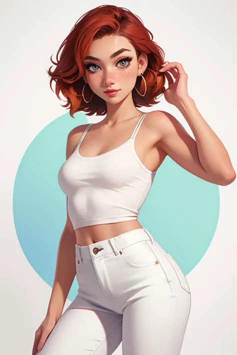 [pureface,sexy,Bare shoulder],<lora:SkinHandFix:0.5:INALL>, 1 girl, adult woman, freckles,mole, ruby eyes, Strawberry blonde hair, High-waisted jeans,simple background,(dark white gradient background:1.1), chibi, (masterpiece,best quality:1.6),Lustful,<lora:wavebackground:1.0>, Sony a7S III Mirrorless Camera ,Fujifilm XT3, earrings