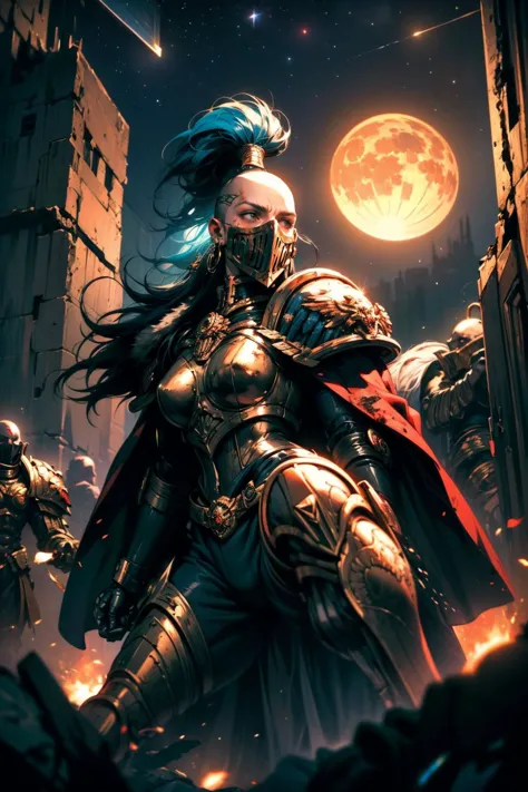 a woman in armor stands in front of a full moon