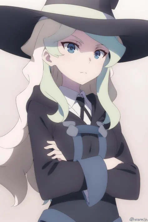 diana_cavendish, 1girl, solo, hat, crossed_arms, witch_hat, looking_at_viewer, luna_nova_school_uniform, witch, school_uniform, frown, upper_body, closed_mouth, long_sleeves, dress, shirt, blue_headwear, hood, collared_shirt, white_shirt, ribbon, wide_sleeves, neck_ribbon, v-shaped_eyebrows, serious, robe, twitter_username, hood_down