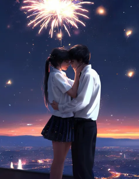 dal, , 1boy, 1girl, artist_request, couple, crying, fireworks, hatsukoi_sacrament, kiss, night, night_sky, shirt, skirt, sky, wh...