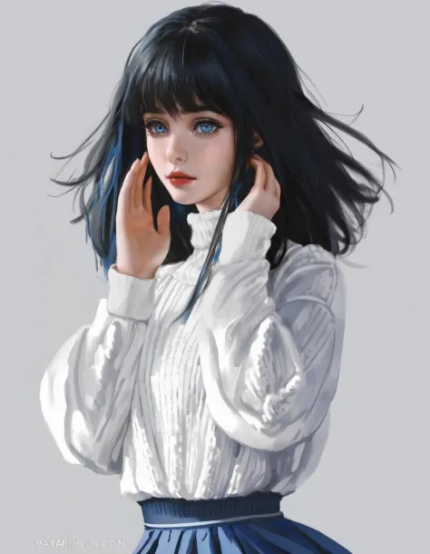 dal, (realistic:1.3), 1girl, bangs, black_hair, blue_eyes, blue_skirt, eyebrows_visible_through_hair, hair_between_eyes, hands_u...