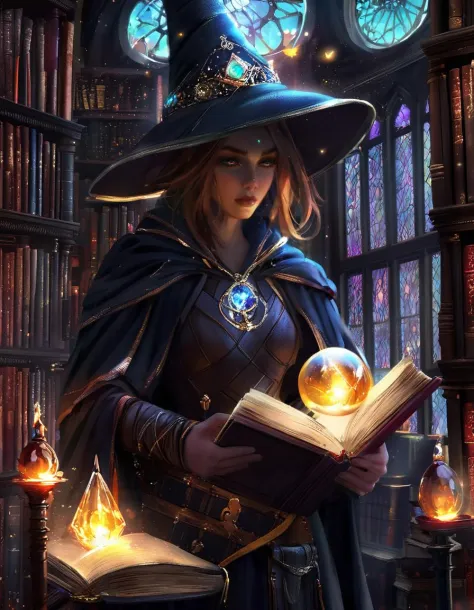 dal, , 1girl, Wizard, magical robes with flowing sleeves, pointy hat with stars, crystal orb with a stand, wizard staff with a glowing crystal, ancient tome with spells, Timeless library, towering bookshelves, flickering candles, leather-bound tomes, ancient manuscripts, __fantasy situation__,