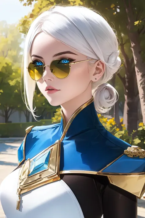 a woman with white hair and sunglasses in a blue and gold outfit