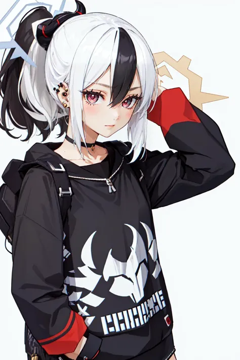 anime girl with white hair and black shirt with skull on it