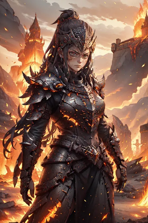 a woman in armor standing in front of a fire filled mountain