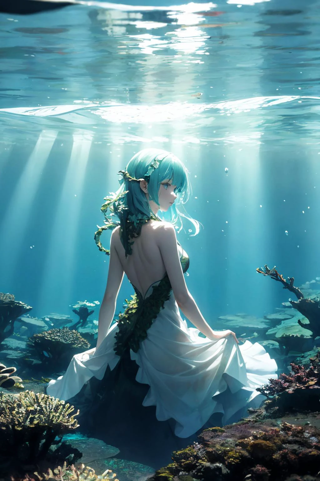 a naiad underwater, wearing a dress made of seaweed. water distorting  light, refracting sunbeams, volumetric light. from behind - SeaArt AI
