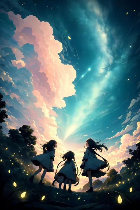 two girls standing in the grass under a cloudy sky