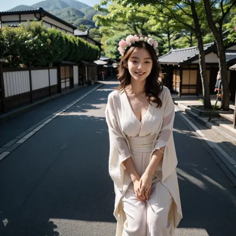 (masterpiece:1.4), best quality, kyoto, japanese country street, long kimono, daylight,2girl, maple leaf tree, HDR, studio light, flower headwear , sitting, ,fluffy hair, blonde hair, clothes lift, (confident),whole body, happy, (eyes slightly open), (bashful smile), laughing,  <lora:add_detail:-0.2>, <lora:neg4all_bdsqlsz_V3.5:0.6>, Fujifilm X-T3,graininess,turning around, from from above, slightly fat ,