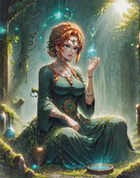 a woman sitting in a forest with a green dress and a butterfly