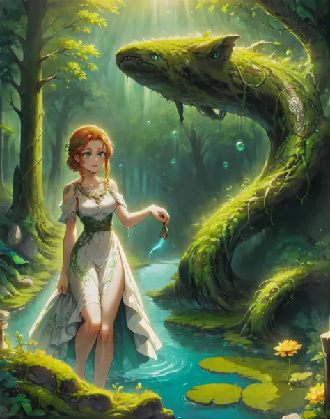 a woman in a dress standing in a forest next to a snake