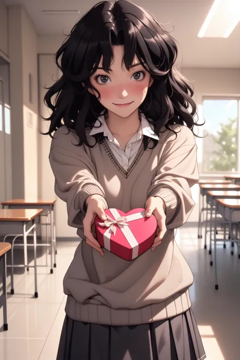 anime girl holding a gift in a classroom