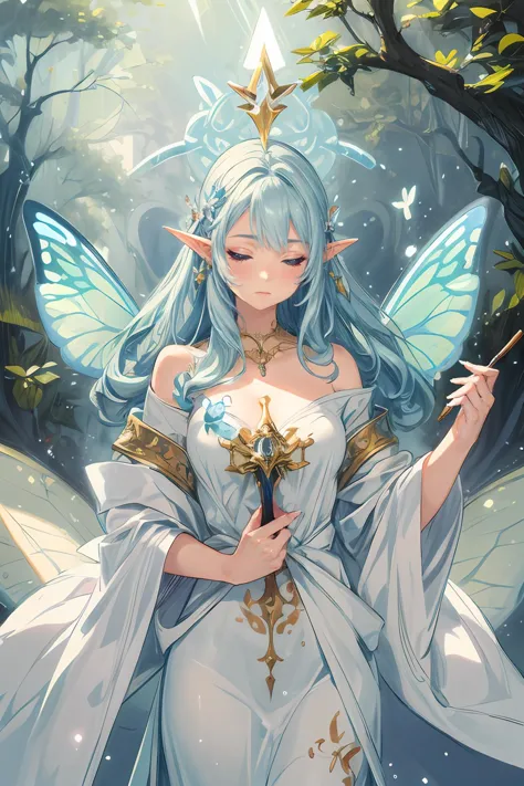 (masterpiece:1.2),best quality,highres,extremely detailed CG,perfect lighting,8k wallpaper,Illustration,painting,paintbrush,
elf portrait,enchanting beauty,fantasy,ethereal glow,pointed ears,delicate facial features,long elegant hair,nature-themed attire,mystical ambiance,soft lighting,tranquil expression,harmonious with nature,subtle magical elements,serene,intricate jewelry,dreamlike quality,pastel colors,<lora:add_detail>,<lora:animetarotV51:1>,butterfly,<lora:noline:0.6>,<lora:neg_bdsqlsz_V2:1>,