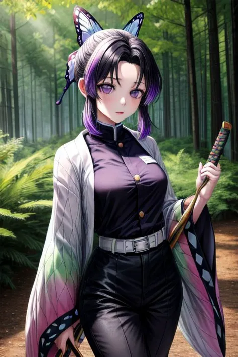 masterpiece, best quality, highres, 1girl, solo, kochou shinobu, butterfly hair ornament, purple eyes, multicolored hair, short hair, parted bangs, haori, wide sleeves, black pants, black jacket, belt, japonese forest <lora:kochou_shinobu_v1.2:0.9>, cowboy shot, holding weapon, katana, sheathed,