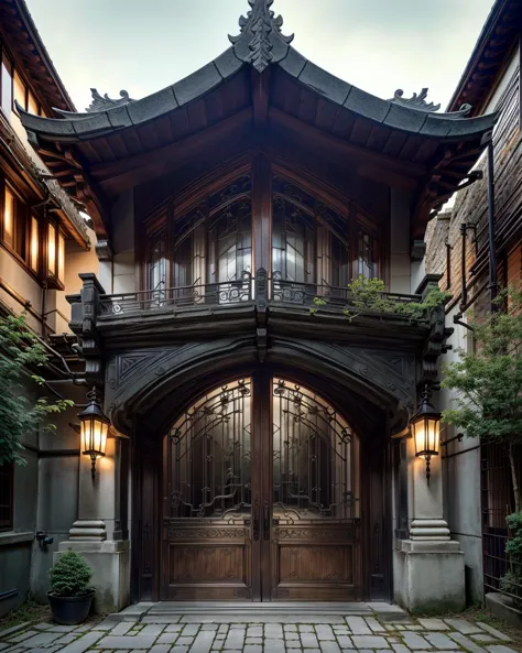 a close up of a building with a wooden door and a stone walkway