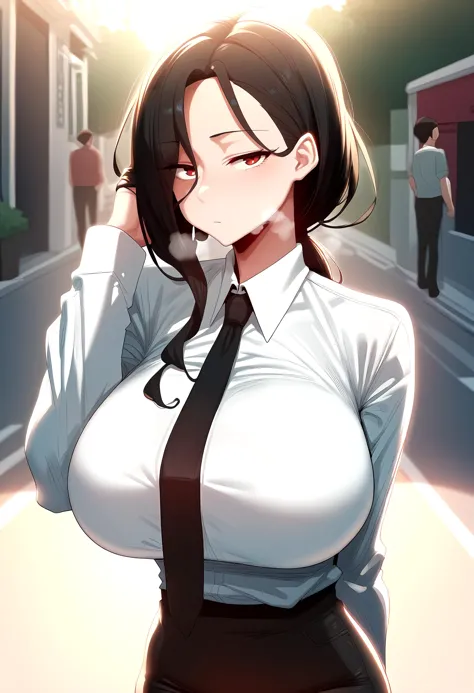 score_9, score_8_up, score_7_up, score_6_up, source_anime, rating_explicit, <lora:neg4all_bdsqlsz_V3.5:2.0>1girl, (solo:1.2), huge breasts, <lora:Han na-eunponyxl:1> long hair, brown hair, red eyes, black hair, brown eyes, black necktie, white shirt, collared shirt, long sleeves, black pants, expressionless, Narrow shoulders, heavy breathing, steaming body, street, outdoor, looking at viewer