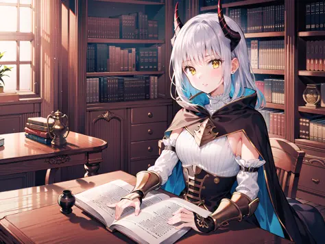 (masterpiece), (best quality), (illustration), (beautiful detailed), (highres), 
1girl, solo, sitting on floor, 
indoors, 
knight, yelloweyes, anger, horns, (silverarmor:1.1), metal, cape, (black thighhighs:1), expressionless, 
Middle Ages, bookshelf, window, table, carpet, ash