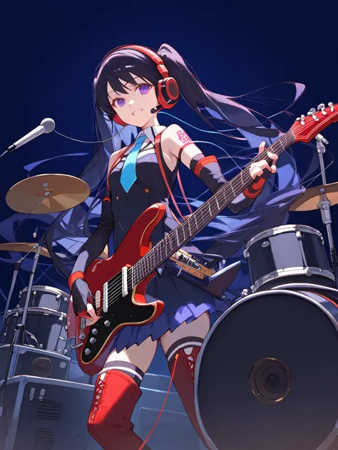 anime girl with headphones playing guitar and singing on stage