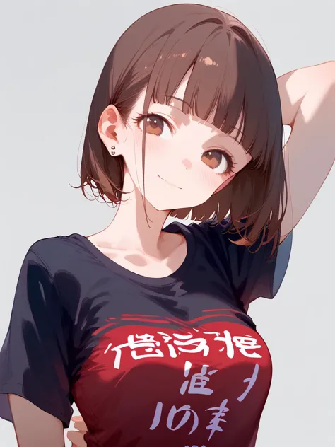 anime girl with a red shirt and black hair posing for a picture