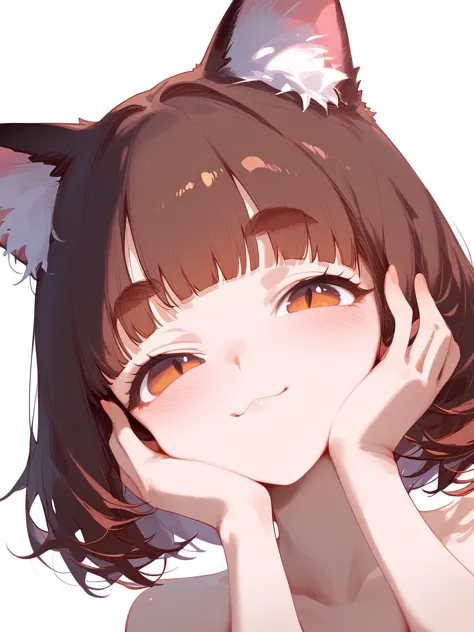 1girl, 
score_9, thick eyebrows, short hair, simple background, slit pupils, closed mouth, blush, fingernails, :3, solo, brown hair, animal ears, cat ears, white background, hands on own cheeks, hands on own face, animal ear fluff, blunt bangs, heart, looking at viewer, brown eyes, head rest, closed eyes, cat girl, bob cut, smile, portrait