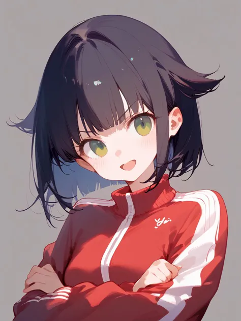 anime girl with black hair and green eyes in red jacket