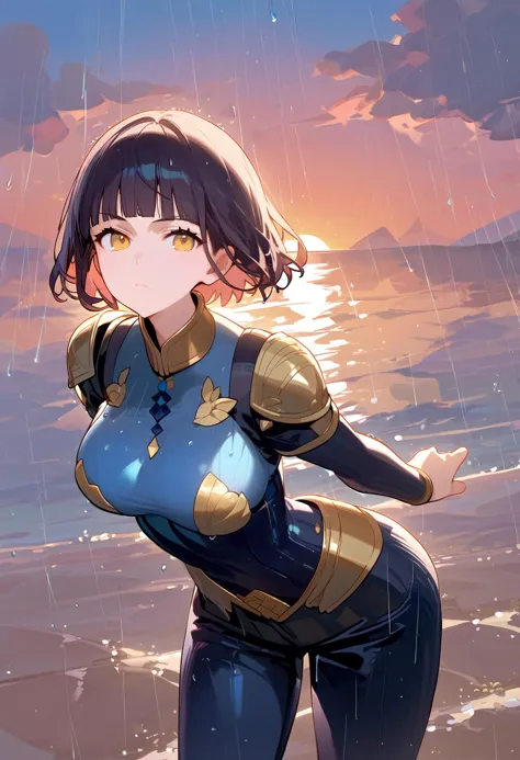 anime girl in a blue and gold outfit standing in the rain