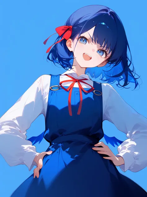 anime girl with blue hair and a red bow in a blue dress